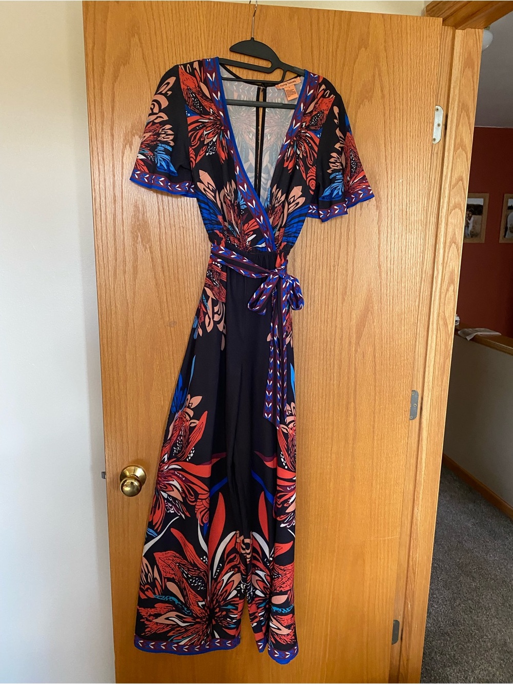 Flying Tomato Black Wide-Leg Jumpsuit with Red & Blue Floral Print
